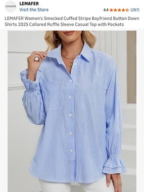 Blue Striped Smocked-Cuff Button-Down Shirt